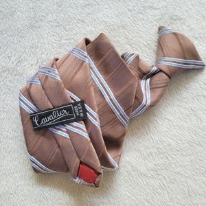 Vintage Cavalier Clip-On Tie Brown Blue Striped Clip Necktie Made In USA